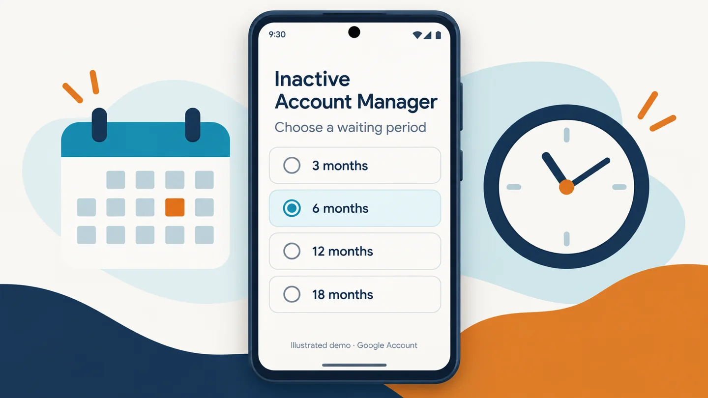 Google Inactive Account Manager screen for choosing a 3 to 18 month waiting period