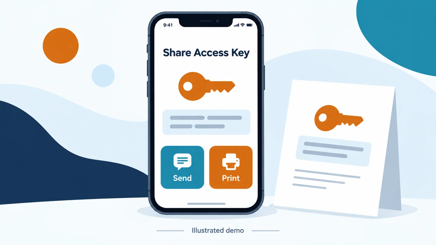 iPhone screen for sharing a legacy contact access key by message or print